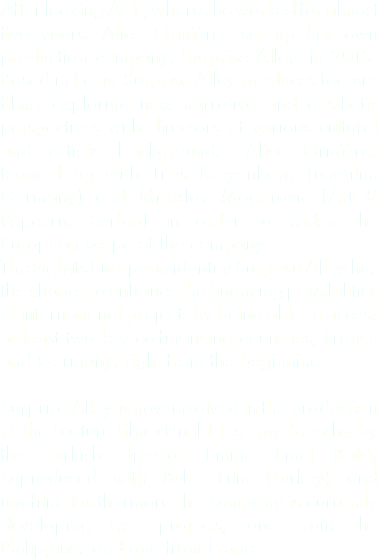 After leaving ACE, where she worked for almost five years, Alice Ormières set up her own production company, Surprise Alley, in 2013. Based in Paris, Surprise Alley produces feature films, exploring new narrative and aesthetic perspectives with directors of various cultural and artistic backgrounds. Alice Ormières teamed up with Titus Kreyenberg (unafilm, Germany) and Miroslav Mogorovic (Art & Popcorn, Serbia) in order to widen the European scope of the company.
Through its European identity Surprise Alley has the chance to enhance the financing possibilities of international projects by being able to access at least two key co-financing countries, France and Germany, right from the beginning. Surprise Alley is now involved in the production of the feature film «Until I lose my breath» by the Turkish director Emine Emel Balci, coproduced with Bulut Film (Turkey) and unafilm. Furthermore the company is currently developing two projects, one from the Philippines and one from France.
